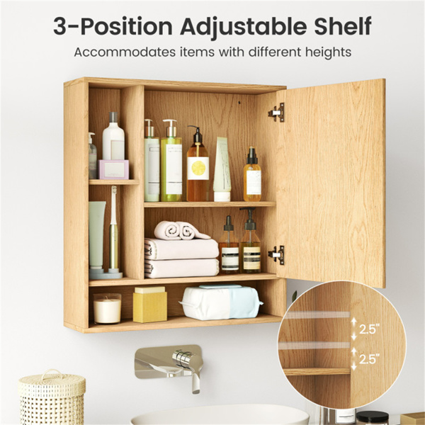 二合一镜面浴室壁柜，带隐藏式储物和架子的节省空间的药柜 - 自然色-12