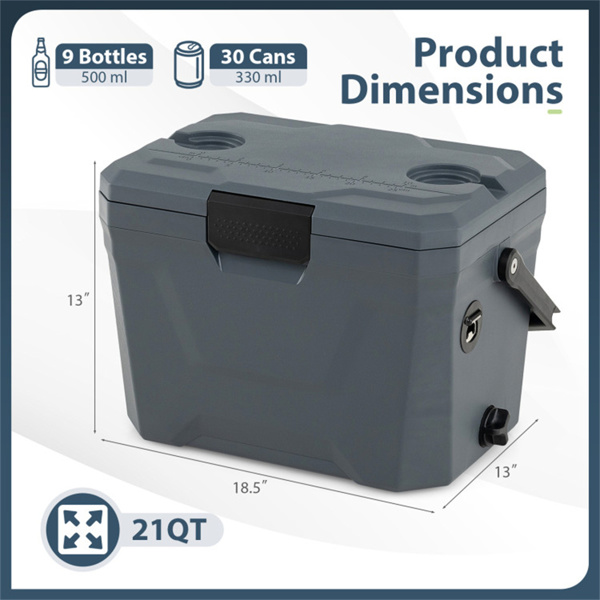 21Qt便携式冷藏箱，带3层隔热层，硬壳冰柜，带2个杯架，适用于户外露营钓鱼（灰色）-4