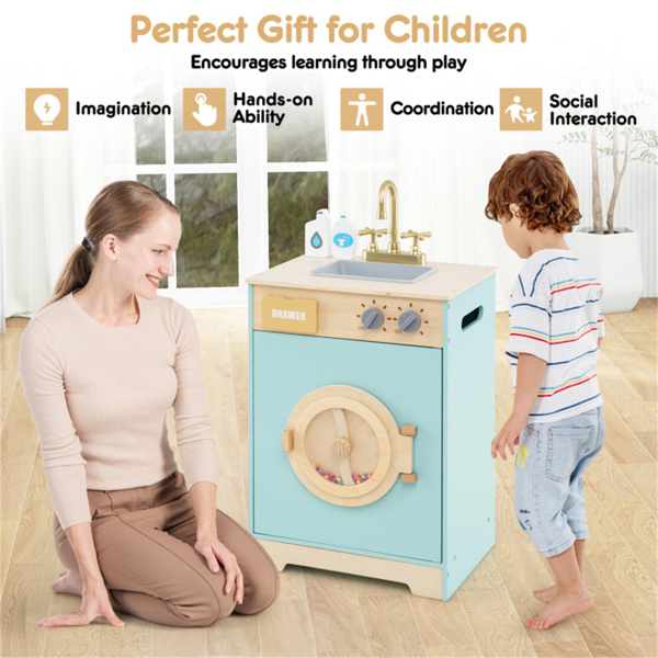 蓝色儿童木制玩具洗衣机游戏机，逼真的旋转轮和可拆卸水槽-10