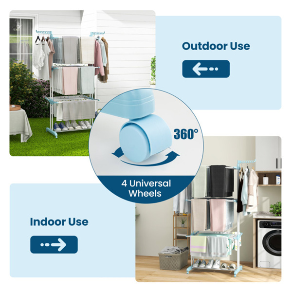 蓝色4层可折叠带轮衣物晾晒架，重型金属晾衣架，适用于室内外使用-8