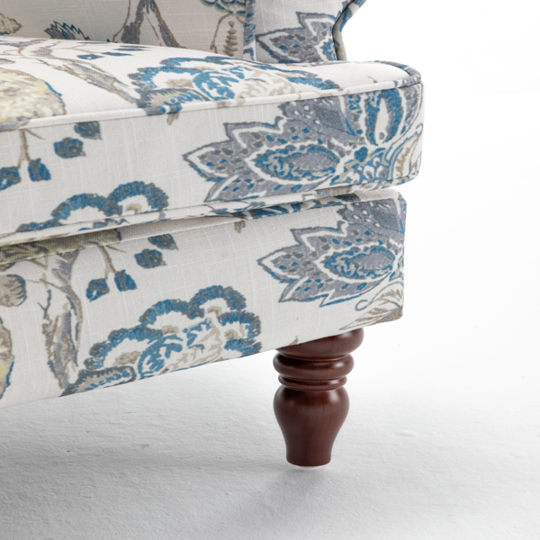 现代风格休闲椅，搭配复古木质椅腿，舒适软垫扶手椅，花卉图案单人沙发椅，适合客厅、卧室、办公室使用 - 花卉蓝色-26