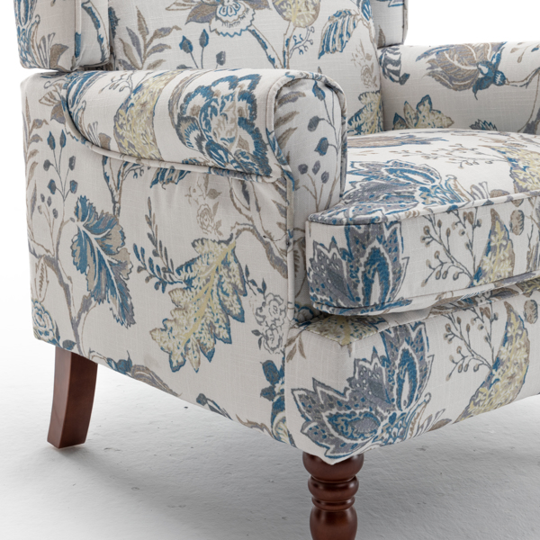 现代风格休闲椅，搭配复古木质椅腿，舒适软垫扶手椅，花卉图案单人沙发椅，适合客厅、卧室、办公室使用 - 花卉蓝色-25