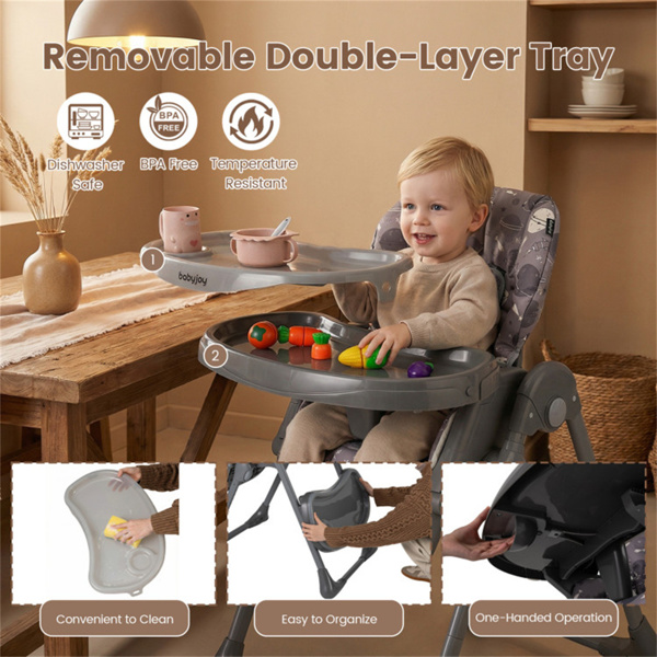 灰色婴儿高脚椅，可调节高度/靠背/脚踏，带轮子可折叠-8