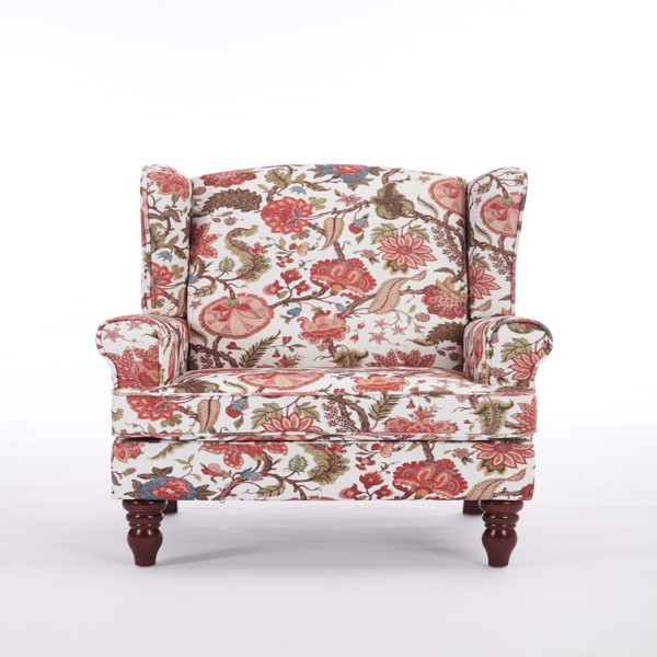 现代风格休闲椅，搭配复古木质椅腿，舒适软垫扶手椅，花卉图案单人沙发椅，适合客厅、卧室、办公室使用 - 花卉红色-11