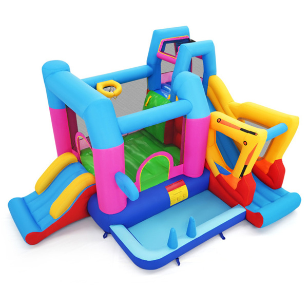 儿童充气城堡、挖掘机主题充气弹跳屋、带滑梯的多功能游乐设施、球坑和鼓风机（多色）-2