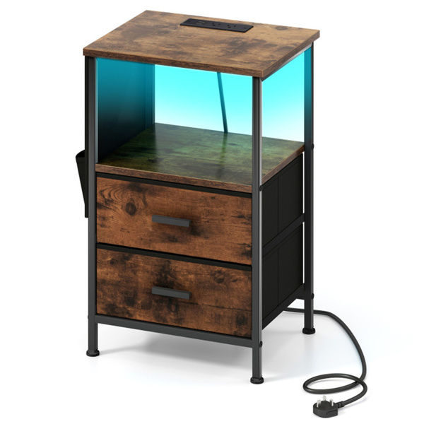 带LED灯和充电站的床头柜，2个折叠式织物抽屉-2