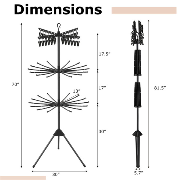 3层可折叠三脚架晾衣架，带24个夹子和32个杆，70英寸节省空间的洗衣烘干机-3