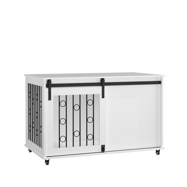 39.37英寸现代木制狗笼家具，带滑动谷仓门和侧门，室内狗窝边桌，适用于小型至中型犬，装饰性宠物笼，带金属栏杆和可锁定轮子 – 白色-9