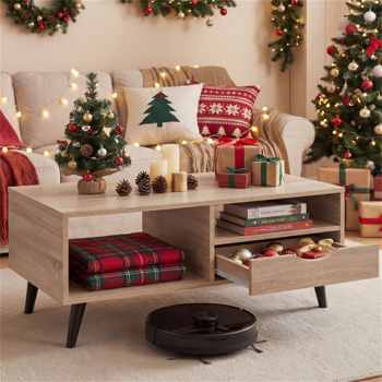 36.5英寸乡村咖啡桌，带抽屉和开架，客厅用工程木中央桌 自然色