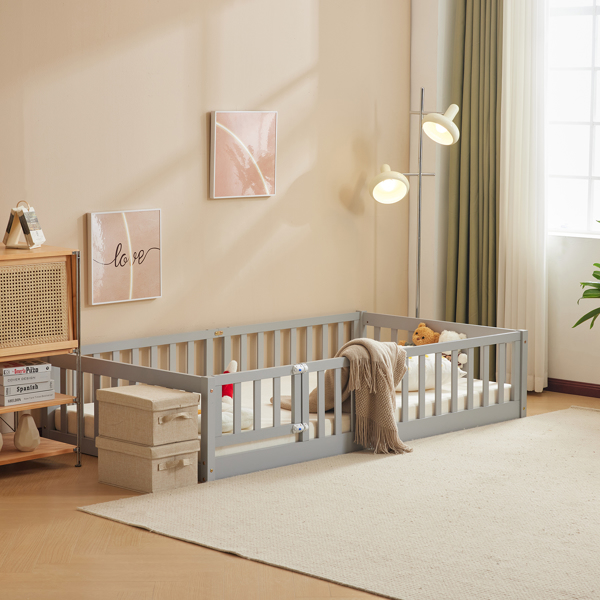 灰色 油漆面 松木 围栏床 带门 带铺板 Twin 儿童木床-4