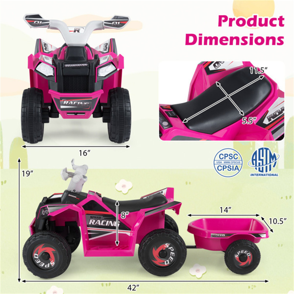 二合一儿童乘坐带可拆卸拖车的ATV，适用于3岁幼儿的6V电动四轮车+ 玫瑰红-6