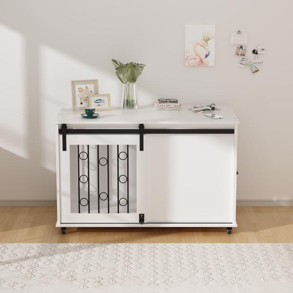 39.37英寸现代木制狗笼家具，带滑动谷仓门和侧门，室内狗窝边桌，适用于小型至中型犬，装饰性宠物笼，带金属栏杆和可锁定轮子 – 白色-21