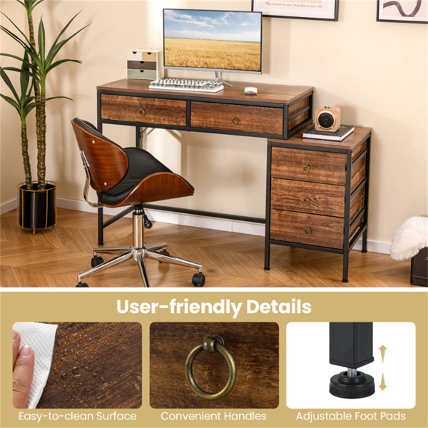 家庭办公室双桌面办公桌，带5个储物抽屉，粉末涂层金属框架工程木 棕色-8