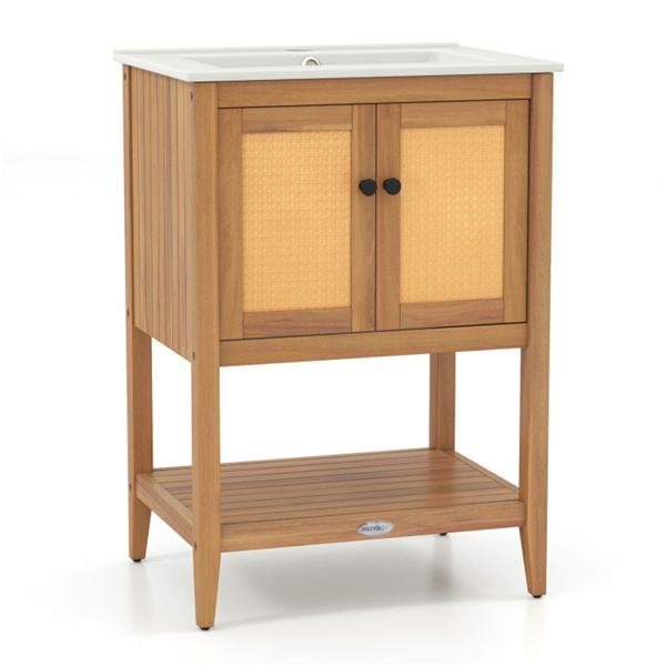 双门藤条浴室梳妆台，相思木橱柜，带陶瓷水槽（白色+天然）-1