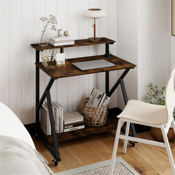 带电源板的乡村棕色滚动电脑桌32英寸带显示器支架的移动办公桌-5