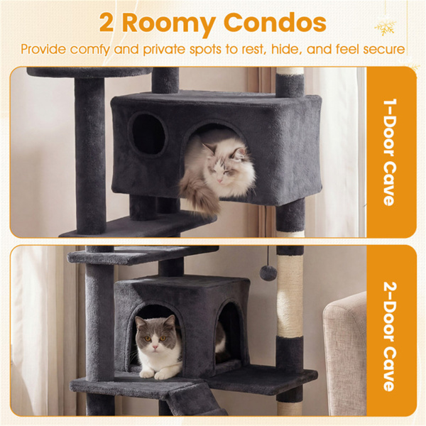 52英寸高的猫树塔，带门廊和公寓，多猫游乐场，带划痕柱（深灰色）-7
