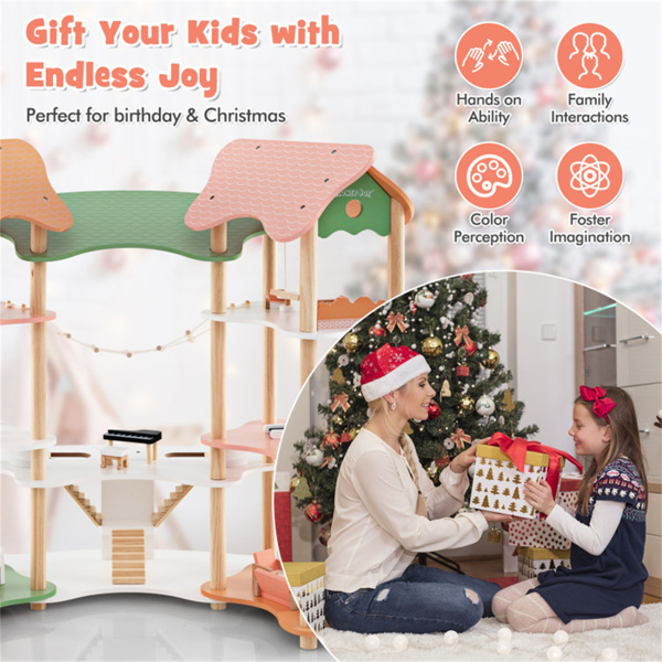 3层娃娃屋，有7个房间和31件可爱的家具，中密度纤维板+松木角设计的儿童玩具-10