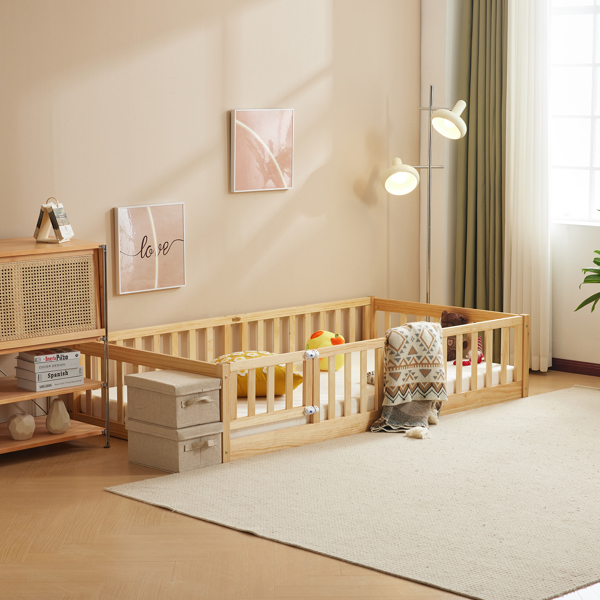 原木色 油漆面 松木 围栏床 带门 带铺板 Twin 儿童木床-12