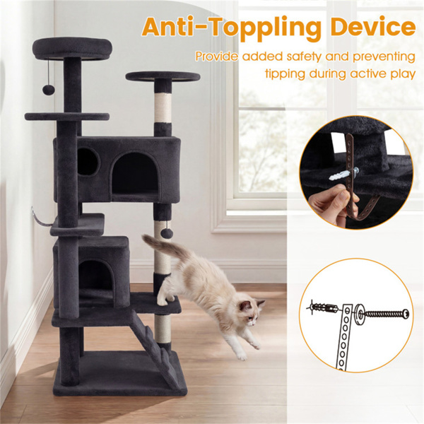 52英寸高的猫树塔，带门廊和公寓，多猫游乐场，带划痕柱（深灰色）-5