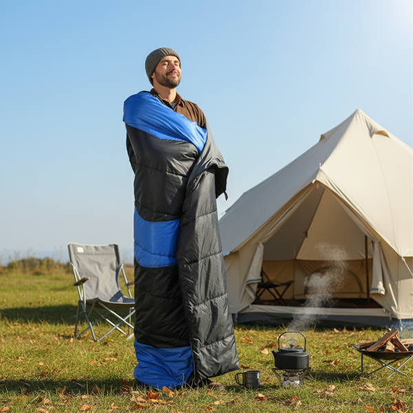 黑底蓝色箭头 睡袋 涤丝布防水面布 春亚纺透气灰里布 中空棉 210*85cm 戴帽加热款 1500g 三档调温 带收纳袋 温度范围-10-10℃-2