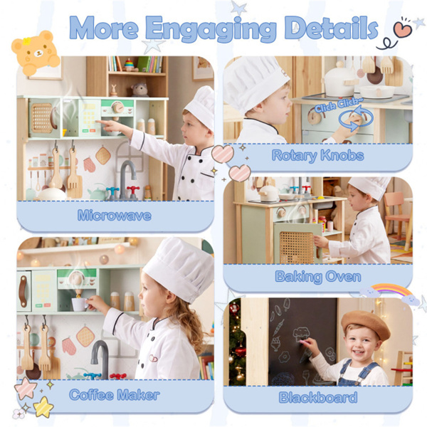 绿色木制儿童游戏厨房，互动式光/声炉，带微波炉/烤箱/黑板存储选项-12