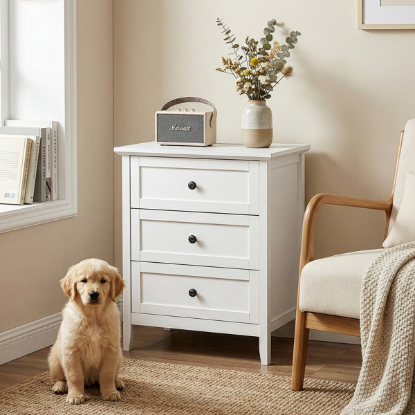 白色浮雕（SG014FD ） P2 密度板+刨花板 贴三胺 拼框 60*40*70cm 三抽 床头柜 1USB+1TYPE-C+2三插 美规-1