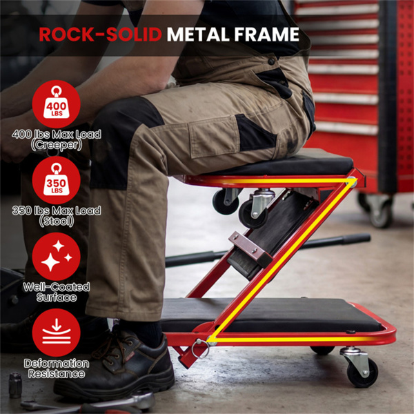 2合1折叠机械爬行凳，6个通用脚轮软垫座椅，适用于车库车间-10