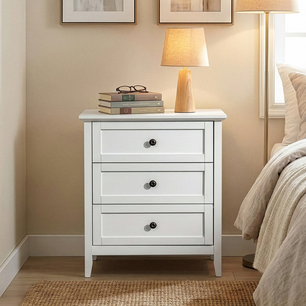 白色浮雕（SG014FD ） P2 密度板+刨花板 贴三胺 拼框 60*40*70cm 三抽 床头柜 1USB+1TYPE-C+2三插 美规-9