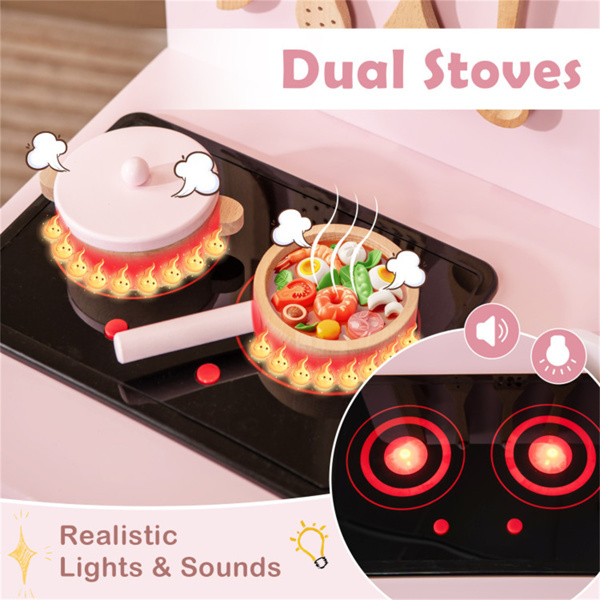 粉色儿童互动木制厨房玩具，具有逼真的灯光和声音-7