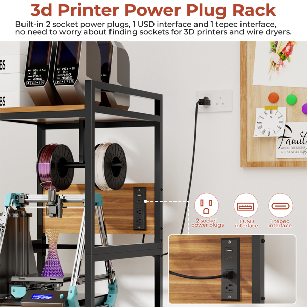 3D打印机支架，带耗材存储功能，重型金属框架，T型耗材支架，内置电源面板，开放式框架设计，适用于家庭和工作室的打印机工作站--不支持self-pick up且不支持指定仓库发货-4