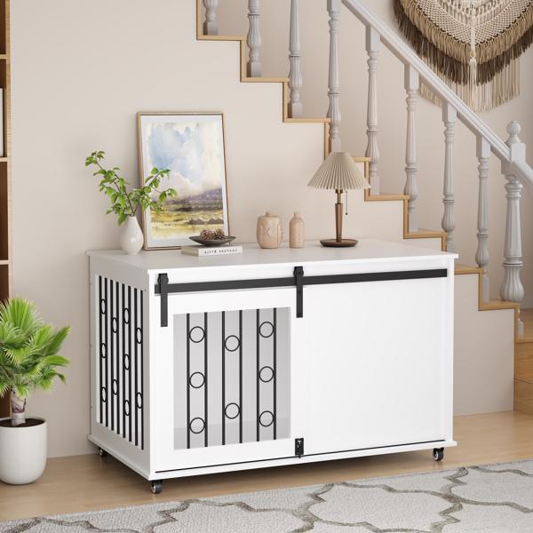 39.37英寸现代木制狗笼家具，带滑动谷仓门和侧门，室内狗窝边桌，适用于小型至中型犬，装饰性宠物笼，带金属栏杆和可锁定轮子 – 白色-26
