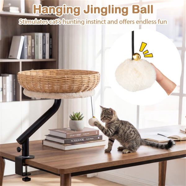 360°可旋转台式猫床垫，2合1工作空间猫静修，带叮当球（自然+黑+白）-10
