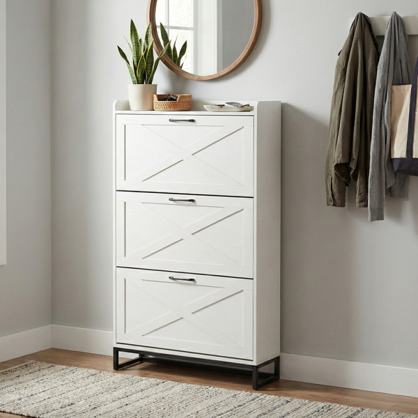 谷仓门3翻斗柜顶部有挡板 鞋柜 刨花板 80*24*145cm 做旧白-5