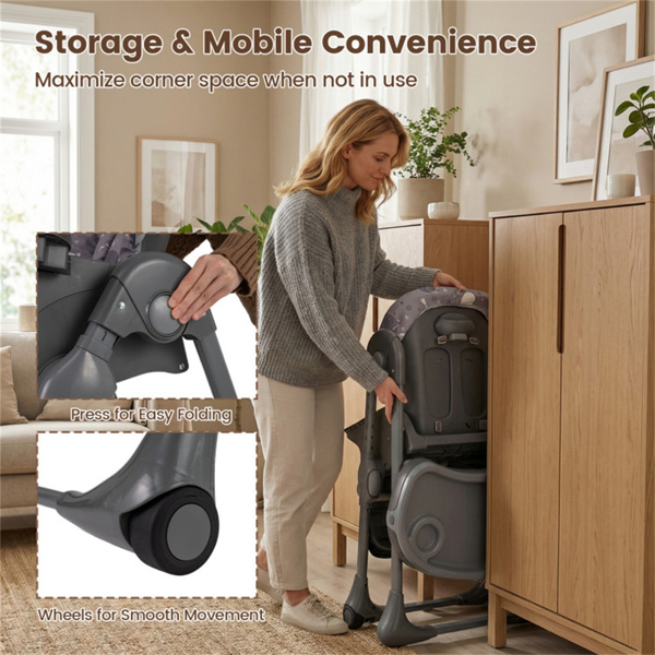 灰色婴儿高脚椅，可调节高度/靠背/脚踏，带轮子可折叠-9