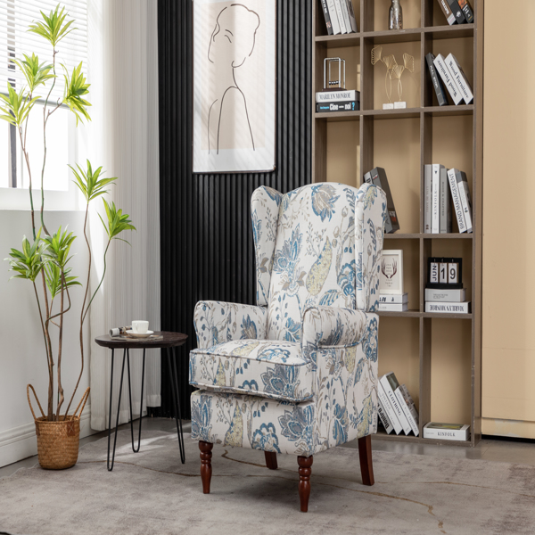 现代风格休闲椅，搭配复古木质椅腿，舒适软垫扶手椅，花卉图案单人沙发椅，适合客厅、卧室、办公室使用 - 花卉蓝色-17