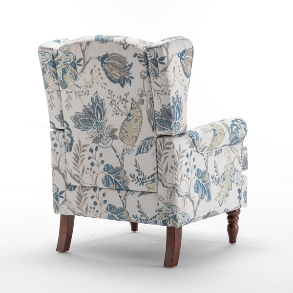 现代风格休闲椅，搭配复古木质椅腿，舒适软垫扶手椅，花卉图案单人沙发椅，适合客厅、卧室、办公室使用 - 花卉蓝色-18