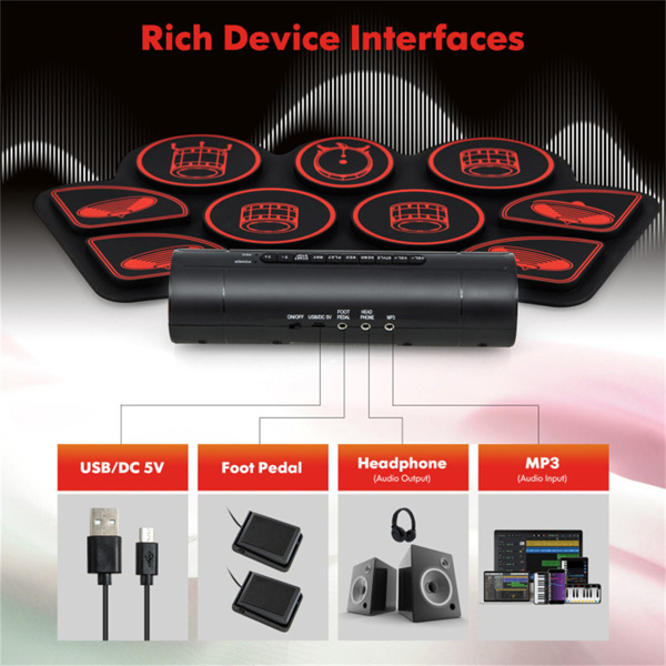 初学者9垫电鼓套装，MIDI USB连接双立体声扬声器 黑+红-5