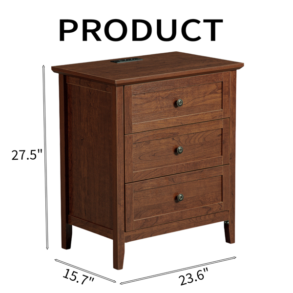 棕色（1061实木樱桃） P2 密度板+刨花板 贴三胺 拼框 60*40*70cm 三抽 床头柜 1USB+1TYPE-C+2三插 美规-11