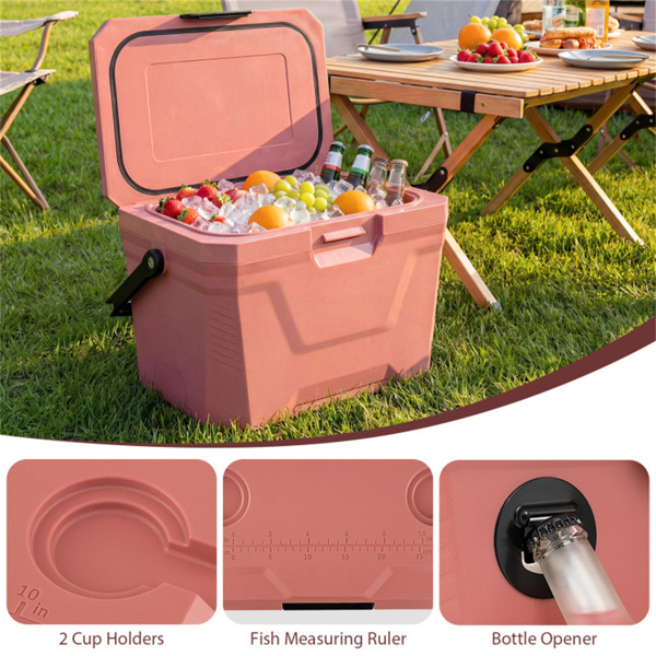 21Qt便携式冷藏箱，带3层隔热层，硬壳冰柜，带2个杯架，适用于户外露营钓鱼（粉色）-10