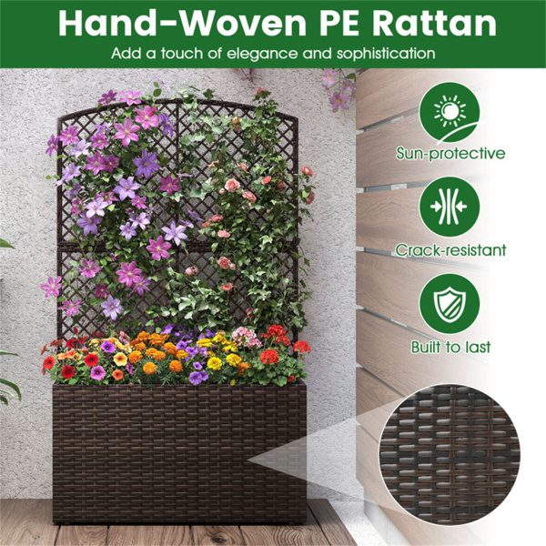 49英寸棕色PE藤条高架花园床，带格栅可调节脚垫，室外花盆箱-9