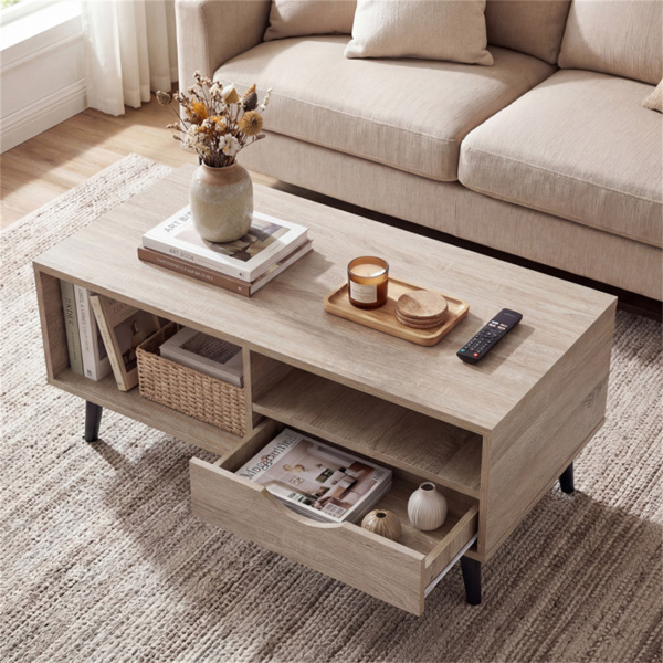 36.5英寸乡村咖啡桌，带抽屉和开架，客厅用工程木中央桌 自然色-10