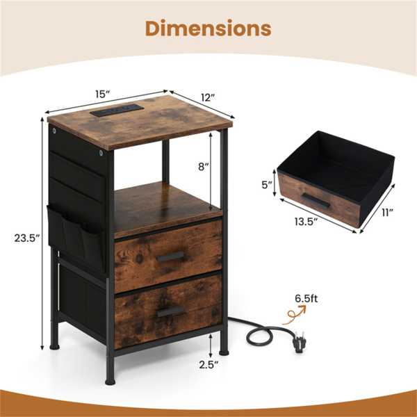 带LED灯和充电站的床头柜，2个折叠式织物抽屉-3