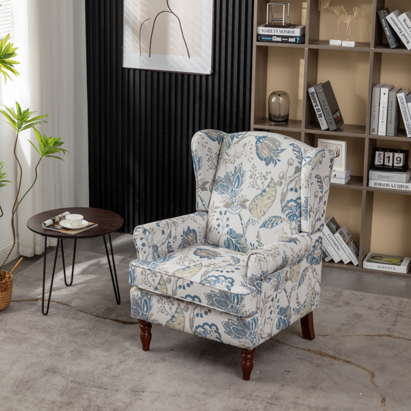 现代风格休闲椅，搭配复古木质椅腿，舒适软垫扶手椅，花卉图案单人沙发椅，适合客厅、卧室、办公室使用 - 花卉蓝色-1