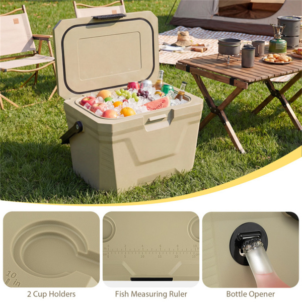 21Qt便携式冷藏箱，带3层隔热层，硬壳冰柜，带2个杯架，适用于户外露营钓鱼（咖啡色）-9
