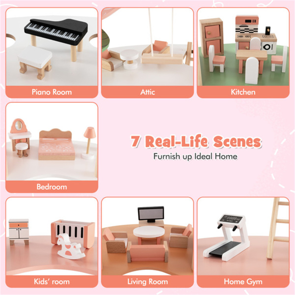 3层娃娃屋，有7个房间和31件可爱的家具，中密度纤维板+松木角设计的儿童玩具-4