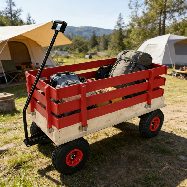 红色木制手推车，带折叠把手，重型全地形儿童手推车，适用于户外、花园、露营和海滩 - 经典拉式多功能手推车--不支持self-pick up且不支持指定仓库发货-9