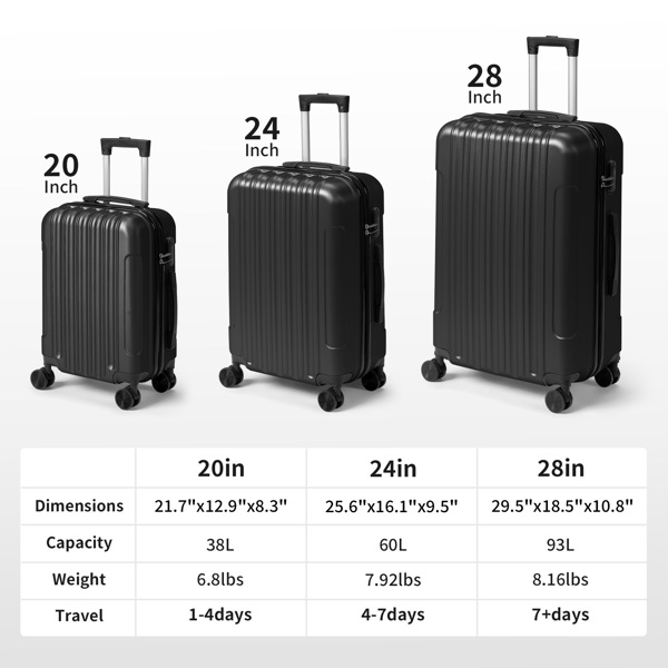三合一竖纹磨砂箱壳非TSA海关锁28寸拆卸轮 ABS拉杆箱 20in 24in 28in ABS 全配色黑色-20