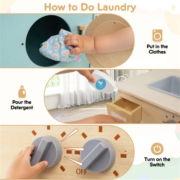 蓝色儿童木制玩具洗衣机游戏机，逼真的旋转轮和可拆卸水槽-8