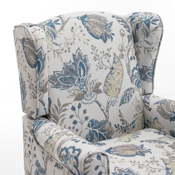 现代风格休闲椅，搭配复古木质椅腿，舒适软垫扶手椅，花卉图案单人沙发椅，适合客厅、卧室、办公室使用 - 花卉蓝色-12