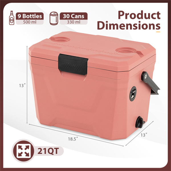 21Qt便携式冷藏箱，带3层隔热层，硬壳冰柜，带2个杯架，适用于户外露营钓鱼（粉色）-5